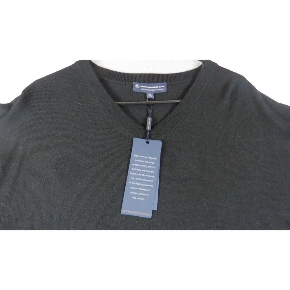 Hart Schaffner Marx Sweater Men XL Black Solid Merino Wool Raglan Sleeve V Neck